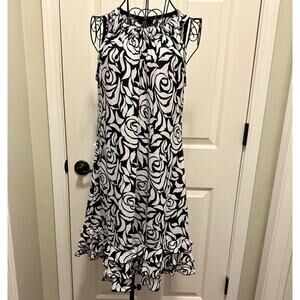 MSK Women Black White Rose Sleeveless Ruffle Dress Sequin Sz 12 Cruise Party
